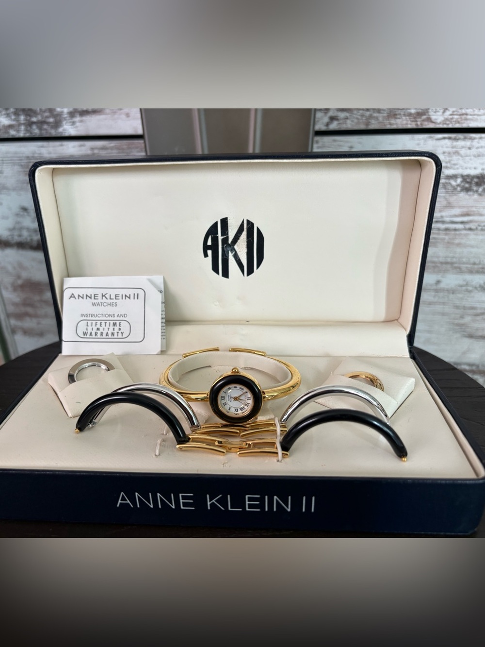 Anne Klein Gold-Black-Silver Interchangeable Bangle Bracelet Watch Set